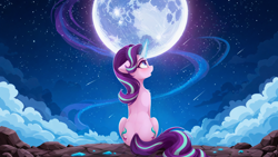 Size: 2560x1440 | Tagged: safe, artist:kanemon, imported from twibooru, starlight glimmer, pony, unicorn, absurd resolution, ai generated, cloud, cute, female, galaxy, horn, image, looking up, magic, moon, png, prompter:kanemon, sitting, sky, solo, solo female, space, stars, stone