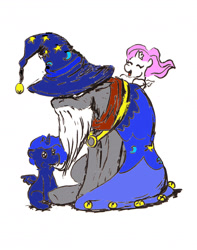 Size: 1397x1772 | Tagged: artist needed, safe, artist:draw thread reviver, color edit, edit, imported from derpibooru, princess celestia, princess luna, star swirl the bearded, pony, chewing, colored, drawthread, eating, eyes closed, female, filly, filly celestia, filly luna, foal, male, requested art, simple background, sitting, smiling, stallion, trio, white background, younger