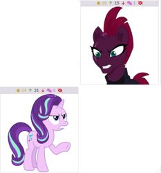 Size: 513x550 | Tagged: safe, artist:cloudy glow, artist:stephen-fisher, imported from derpibooru, starlight glimmer, tempest shadow, unicorn, derpibooru, my little pony: the movie, angry, broken horn, female, horn, juxtaposition, meta, scar, simple background, starlight glimmer is not amused, tempest shadow is not amused, transparent background, unamused, vector