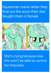 Size: 1000x1432 | Tagged: safe, artist:unitxxvii, edit, imported from twibooru, lyra heartstrings, pony, unicorn, bust, crying, female, floppy ears, frown, horn, image, implied anon, looking at you, mare, needs more jpeg, outdoors, ponyville, solo, text