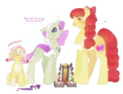 Size: 2075x1591 | Tagged: safe, artist:anemonaii, imported from derpibooru, apple bloom, oc, changedling, changeling, earth pony, pony, apple bloom's bow, bow, braid, brewing stand, dialogue, female, filly, foal, hair bow, mare, minecraft, potion, sweat, swirly eyes, trio