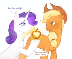 Size: 2048x1689 | Tagged: safe, artist:anemonaii, imported from derpibooru, applejack, rarity, earth pony, pony, unicorn, dialogue, duo, female, golden apple, horn, looking at each other, looking at someone, mare, minecraft