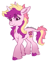Size: 928x1146 | Tagged: safe, artist:caffeinatedcarny, imported from derpibooru, fluttershy (g3), pony, unicorn, alternate cutie mark, cloven hooves, colored hooves, colored horn, g3, gradient legs, hooves, horn, leonine tail, multicolored hair, race swap, redesign, shaded lids, simple background, solo, species swap, tail, transparent background, unshorn fetlocks