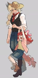 Size: 1018x2048 | Tagged: safe, artist:memoji_0708, imported from derpibooru, apple bloom, applejack, human, apple bloom's bow, applejack's hat, boots, bow, breasts, clothes, cowboy hat, denim, female, hair bow, hat, humanized, jeans, pants, shoes, siblings, sisters, vest