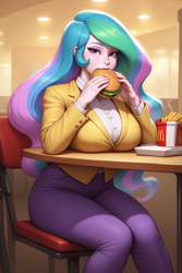 Size: 1024x1536 | Tagged: safe, imported from twibooru, princess celestia, human, equestria girls, ai generated, big breasts, blazer, breast rest, breasts, burger, busty princess celestia, cougar, eating, female, food, french fries, generator:novelai, generator:stable diffusion, hamburger, image, looking at you, mcdonald's, png, principal celestia, prompter:someguy845, restaurant, solo