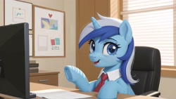 Size: 3840x2160 | Tagged: prompter needed, safe, imported from twibooru, minuette, pony, unicorn, ai generated, chair, computer, desk, female, furniture, horn, image, looking at you, necktie, needs more jpeg, office, open mouth, open smile, sitting, smiling, solo, underhoof, window
