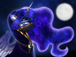 Size: 3932x2950 | Tagged: safe, artist:taiweiart, imported from derpibooru, nightmare moon, princess celestia, princess luna, alicorn, pony, absurd resolution, blue eyes, blue mane, clothes, commission, commission open, decoration, detailed, digital art, ethereal mane, face mask, female, flowing mane, folded wings, full moon, gold, hood, hoodie, jewelry, lidded eyes, looking at you, magic, mare, mask, moon, night, peytral, princess, redesign, robe, royal sisters, royalty, siblings, sisters, solo, starry eyes, starry mane, wingding eyes, wings