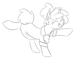 Size: 3000x2395 | Tagged: safe, artist:moonatik, imported from derpibooru, oc, oc only, oc:timetable, bat pony, bat pony unicorn, hybrid, pony, unicorn, bat pony unicorn oc, clothes, cravat, dancing, do the sparkle, female, hair bun, horn, mare, simple background, sketch, solo, tail, tail bun, white background