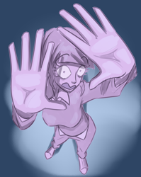 Size: 1710x2145 | Tagged: safe, artist:moonatik, imported from derpibooru, twilight sparkle, human, clothes, dramatic lighting, humanized, pants, partial color, perspective, shirt, shoes, solo, sweater