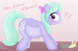 Size: 4530x3016 | Tagged: safe, artist:rainbowšpekgs, imported from derpibooru, flitter, pegasus, pony, belly, big belly, blushing, cake, chubby, embarrassed, fat, female, food, mare, solo, standing, surprised