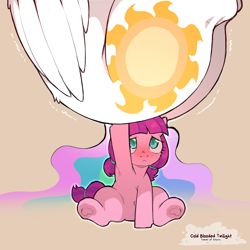 Size: 1500x1500 | Tagged: safe, artist:cold-blooded-twilight, imported from derpibooru, lily longsocks, princess celestia, alicorn, earth pony, pony, blushing, butt, earth pony strength, female, filly, foal, mare, ponytail, raised leg, shivering, size difference, spread legs, spreading, strong, sunbutt, underhoof