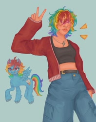 Size: 1440x1831 | Tagged: safe, artist:lvnafia, imported from derpibooru, human, pegasus, pony, :p, alternate hairstyle, band-aid on nose, bandaid, belt, blue background, blushing, clothes, denim, female, hoodie, humanized, jeans, jewelry, mare, midriff, necklace, nose piercing, nose ring, pants, peace sign, piercing, simple background, solo, sports bra, tongue out, unshorn fetlocks