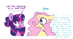 Size: 1820x982 | Tagged: safe, artist:pickledjarr, imported from derpibooru, fluttershy, twilight sparkle, pony, ambiguous race, bust, duo, eye clipping through hair, female, hair over one eye, horn, looking at someone, looking away, mare, ocd, open mouth, open smile, simple background, smiling, speech bubble, suicidal, thought bubble, white background
