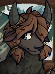 Size: 1040x1400 | Tagged: safe, artist:bunnyshrubby, imported from derpibooru, oc, oc only, oc:hamdiya, yak, equestria at war mod, blue eyes, bracelet, bust, commission, digital art, facial hair, female, female oc, fir tree, hair, horns, indoors, jewelry, portrait, raised hoof, smiling, snow, solo, tree, winter, yak oc