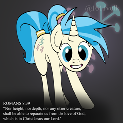 Size: 2558x2558 | Tagged: safe, artist:1611volk, imported from derpibooru, allie way, pony, unicorn, background pony, bible verse, christianity, cutie mark, ears up, female, full body, grin, hairband, horn, looking at you, mare, ponytail, religion, simple background, smiling, solo, tail, tail band, text, two toned mane