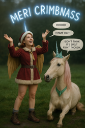 Size: 1024x1536 | Tagged: safe, artist:shieltar, imported from derpibooru, princess celestia, oc, oc:grace harmony, alicorn, human, pony, comic:birth of equestria, ai content, alicorn oc, cewestia, chat gpt, christmas, christmas outfit, comic, female, filly, filly celestia, foal, holiday, horn, horned humanization, humanized, intentional spelling error, magic, merry christmas, nailed it, one-panel comic, pegasus wings, photorealistic, pink-mane celestia, ponied up, skywriting, unicorn horn, winged humanization, wings, younger