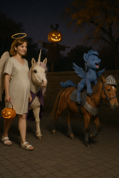 Size: 1024x1536 | Tagged: safe, artist:shieltar, imported from derpibooru, princess celestia, princess luna, oc, oc:big mark, oc:grace harmony, alicorn, pony, ai content, ai generated, armor, candy, clothes, commission, costume, devil, family, fangs, female, filly, filly celestia, filly luna, foal, food, generator:chatgpt, halloween, halloween 2023, halloween costume, halo, holiday, jack-o-lantern, knight, night, outdoors, photorealistic, pink-mane celestia, ponified, pregnant, pumpkin, scarecrow, trick or treat, woona, younger