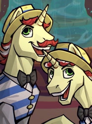 Size: 1040x1400 | Tagged: safe, artist:bunnyshrubby, imported from derpibooru, flam, flim, oc, oc only, pony, unicorn, equestria at war mod, boater, bowtie, brothers, bust, clothes, collared shirt, digital art, duo, duo male, facial hair, flim and flam, flim flam brothers, green eyes, hat, horn, male, moustache, my little pony, open mouth, pinstripes, portrait, raised hoof, red mane, shirt, siblings, smiling, stallion, updated portrait, updated portraits, updated portraits from the equestria at war mod