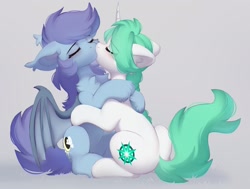 Size: 2025x1530 | Tagged: safe, artist:little-sketches, oc, oc only, oc:mynillion, oc:nightlight charm, bat pony, pony, unicorn, bat pony oc, bat wings, blushing, cheek fluff, chest fluff, duo, duo female, ear fluff, ear tufts, eyebrows visible through hair, eyes closed, female, floppy ears, gray background, holding each other, horn, hug, kiss on the lips, leg fluff, lesbian, mare, oc x oc, partially open wings, shipping, simple background, unicorn horn, unicorn oc, unshorn fetlocks, wings