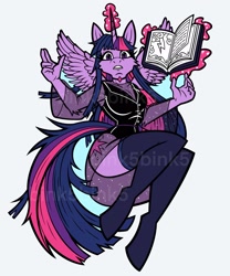 Size: 1706x2048 | Tagged: safe, artist:bink5bink5, imported from twibooru, twilight sparkle, alicorn, anthro, unguligrade anthro, book, cutie mark, female, flying, glowing horn, gritted teeth, horn, image, jewelry, magic, necklace, needs more jpeg, simple background, solo, spread wings, tail, telekinesis, twilight sparkle (alicorn), white background, wings