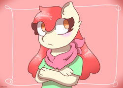 Size: 1024x728 | Tagged: safe, artist:voidnyx, imported from derpibooru, apple bloom, anthro, earth pony, pony, comic:ponytale, 2018, bandana, blushing, clothes, crossed arms, ear fluff, elbow fluff, female, halfbody, looking sideways, mare, no nose, no pupils, orange eyes, red mane, shirt, solo, t-shirt, thick eyelashes, yellow coat