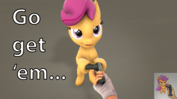 Size: 1280x720 | Tagged: safe, artist:official_bon_bon, imported from derpibooru, scootaloo, anthro, pegasus, pony, 3d, alternate hairstyle, folded wings, gun, hand, reference used, render, simple background, solo, source filmmaker, text, weapon, wings