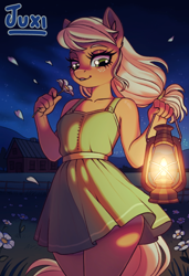 Size: 2737x4000 | Tagged: safe, artist:juxi, imported from derpibooru, applejack, anthro, earth pony, background, blurr, clothes, dress, female, flower, green dress, lantern, nature, night, outdoors, petals, smiling, solo, solo female, stars, wind