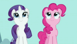 Size: 548x314 | Tagged: safe, imported from derpibooru, screencap, pinkie pie, rarity, pony, unicorn, animated, day, female, gif, horn, looking up, mare, sky, tail