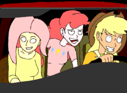Size: 519x377 | Tagged: source needed, useless source url, safe, artist:xevnest, imported from derpibooru, applejack, fluttershy, pinkie pie, human, animated, breasts, car interior, female, gif, hat, humanized, loop, night at the roxbury, open mouth, trio