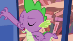 Size: 640x360 | Tagged: safe, imported from derpibooru, screencap, spike, twilight sparkle, dragon, pony, unicorn, boast busters, animated, door, door slam, duo, female, full body, gif, golden oaks library, horn, male, mare, my little pony, standing, tail, unicorn twilight