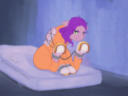 Size: 1080x810 | Tagged: safe, artist:artmoons, imported from derpibooru, pipp petals, clothes, g5, jail, jail cell, mattress, pouting, prison, prison cell, prison outfit, prisoner, prisoner pipp