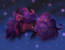 Size: 4096x3151 | Tagged: safe, artist:yutailaarts, imported from derpibooru, pinkie pie, earth pony, pony, antagonist, blue eyes, digital art, ethereal mane, ethereal tail, evil, evil grin, eyelashes, fangs, female, flowing mane, flowing tail, gradient background, grin, mare, nightmare pinkie, nightmarified, purple mane, purple tail, raised hoof, signature, simple background, smiling, solo, sparkles, stars, tail, transparent background, villainess