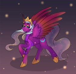 Size: 4096x4020 | Tagged: safe, artist:yutailaarts, imported from derpibooru, opaline arcana, alicorn, pony, beautiful, blue eyes, crown, curved horn, cute, digital art, ethereal mane, ethereal tail, eyelashes, eyeshadow, feather, female, g5, gradient background, happy, hoof shoes, horn, jewelry, lidded eyes, looking at you, makeup, mare, princess shoes, raised hoof, regalia, signature, smiling, smiling at you, solo, sparkles, spread wings, starry mane, starry tail, stars, tail, white mane, wings