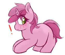 Size: 3584x3032 | Tagged: safe, artist:frosthawkpone, imported from derpibooru, ruby pinch, pony, unicorn, background pony, blank flank, blushing, chubby, exclamation point, fat, female, filly, foal, horn, simple background, solo, solo female, transparent background