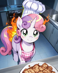 Size: 1024x1280 | Tagged: safe, imported from twibooru, sweetie belle, pony, unicorn, "food", ai generated, apron, chef's hat, clothes, cooking, fail, female, filly, fire, foal, food, generator:noobaicyberfix, hat, horn, image, indoors, kitchen, looking at you, on fire, plate, png, prompter:bendy and boney, smiling, solo, sweetie belle can't cook, sweetie fail
