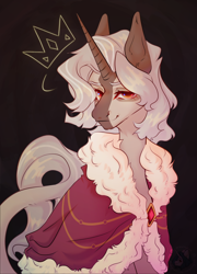 Size: 2790x3873 | Tagged: safe, artist:dreamyrat, imported from derpibooru, oc, oc only, pony, unicorn, bust, colored sclera, crown, featureless crotch, gift art, horn, jewelry, looking at you, male, portrait, red eyes, regalia, smiling, smiling at you, solo, stallion, two mouths, unicorn oc, yellow eyes, yellow sclera