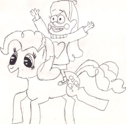 Size: 2352x2317 | Tagged: safe, artist:ben-the-looney, imported from derpibooru, pinkie pie, human, pony, gravity falls, mabel pines, old art, pencil drawing, riding, riding a pony, sketch, traditional art