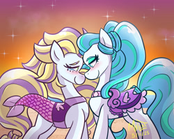 Size: 1500x1200 | Tagged: safe, artist:malcat, imported from derpibooru, horse, beach, blushing, clothes, crying, duo, duo female, eyeshadow, female, finley (wild manes), fish tail, lesbian, looking at each other, looking at someone, makeup, mermaid tail, ocean, perla (wild manes), perley, saddle, sand, shipping, smiling, smiling at each other, sparkles, sunset, swimsuit, tack, tail, tears of joy, water, wild manes