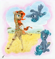Size: 9261x9852 | Tagged: safe, artist:trance-wave, imported from derpibooru, oc, oc only, giraffe, pegasus, pony, duo, happy, running