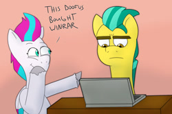 Size: 1731x1149 | Tagged: safe, artist:toonyloo, imported from derpibooru, hitch trailblazer, zipp storm, earth pony, pegasus, pony, computer, desk, female, g5, hitch trailblazer is not amused, hitchzipp, laptop computer, male, mare, meme, pointing, ponified meme, shipping, stallion, straight, teasing, this mf paid for twitter, unamused, winrar