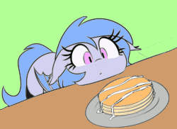 Size: 560x408 | Tagged: safe, artist:thebatfang, edit, imported from twibooru, oc, oc only, oc:lucky roll, bat pony, pony, animated, bat pony oc, bat wings, behaving like a dog, female, food, gif, image, looking at you, loop, mare, pancakes, solo, want, wings