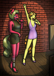 Size: 905x1280 | Tagged: safe, artist:apocheck13, adagio dazzle, oc, oc only, anthro, breasts, cleavage, clothes, dress, duo, duo female, eyes closed, female, microphone