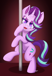 Size: 1330x1933 | Tagged: safe, artist:acidigon, derpibooru exclusive, imported from derpibooru, starlight glimmer, pony, unicorn, gradient background, horn, looking at you, pole dancing, solo, stripper pole
