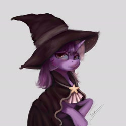 Size: 2048x2048 | Tagged: safe, artist:tuskonline, imported from derpibooru, oc, oc only, pony, unicorn, cloak, clothes, female, gray background, hat, horn, mare, simple background, solo, witch hat