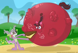 Size: 1485x1016 | Tagged: safe, artist:schrodingerthewolf, imported from twibooru, oc, oc:carnelian, alicorn, air inflation, bellows, furry, image, inflation, needs more jpeg, spike costume