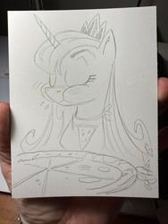 Size: 1536x2048 | Tagged: safe, artist:andy price, imported from derpibooru, princess luna, alicorn, pony, bib, black and white, eating, female, food, grayscale, jewelry, mare, monochrome, pizza, regalia, simple background, solo, traditional art, white background