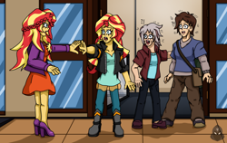 Size: 1600x1011 | Tagged: safe, artist:edcom02, imported from derpibooru, sunset shimmer, human, pony, aunt may, commission, duality, fanfic art, human ponidox, human sunset, marvel, may parker, peter parker, reaching, self paradox, self ponidox, shocked, shocked expression, spider-man