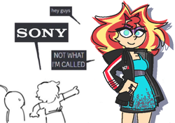 Size: 680x476 | Tagged: safe, artist:threetwotwo32232, imported from derpibooru, sunset shimmer, human, clothes, dialogue, dress, female, jacket, meme, not what i'm called, solo, sony, speech bubble