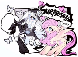 Size: 2048x1502 | Tagged: safe, artist:jojofassbender, imported from derpibooru, fluttershy, oc, butterfly, hybrid, original species, pegasus, pony, blushing, bunny ears, clothes, dialogue, rabbit pony, shoes, speech bubble, surprise!, unshorn fetlocks, wow