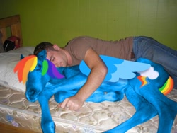 Size: 1356x1018 | Tagged: safe, artist:partyponypower, edit, imported from derpibooru, rainbow dash, horse, human, pegasus, pony, cuddling, duo, female, hug, hug from behind, irl, irl human, male, mare, photo, photoshop, sleeping